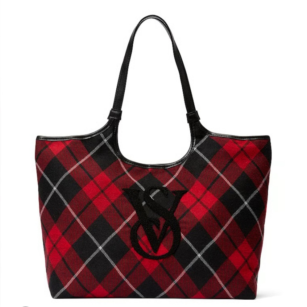 Victorias Secret Stylish Red Black Plaid Tartan Tote Bag